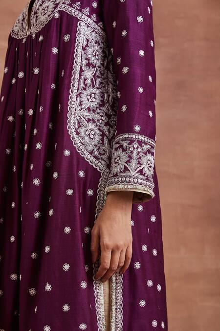 Sue Mue_Purple Tissue, Silk, Linen Embroidery Split Lahar Dori Gathered Kurta Set _Online_at_Aza_Fashions