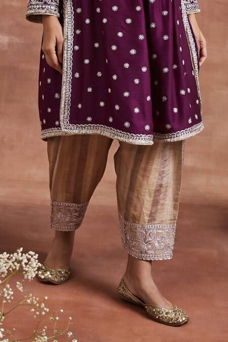 Shop_Sue Mue_Purple Tissue, Silk, Linen Embroidery Split Lahar Dori Gathered Kurta Set _Online_at_Aza_Fashions