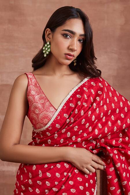 Sue Mue_Red Silk, Brocade, Handloom Jayashree Floral Embroidered Saree With Woven Blouse _Online_at_Aza_Fashions