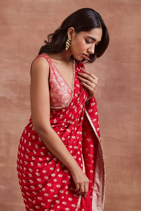 Shop_Sue Mue_Red Silk, Brocade, Handloom Jayashree Floral Embroidered Saree With Woven Blouse _Online_at_Aza_Fashions