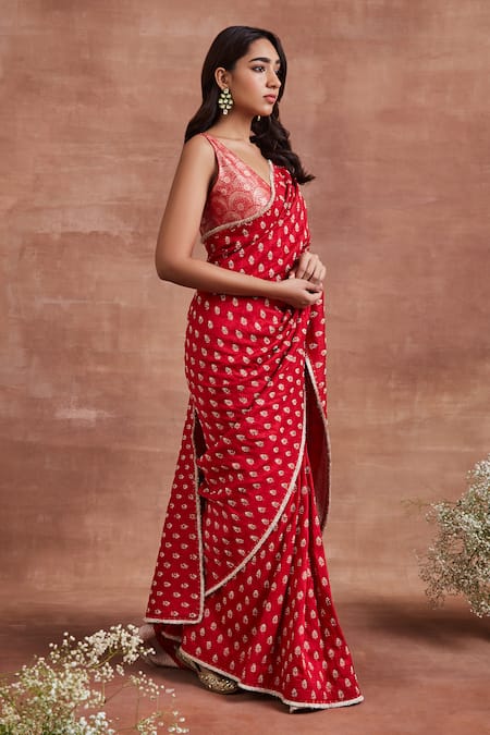 Sue Mue_Red Silk, Brocade, Handloom Jayashree Floral Embroidered Saree With Woven Blouse _at_Aza_Fashions