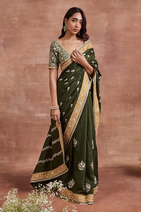 Sue Mue Green Raw Silk Embroidery Thread V Neck Chhaya Aari Saree With Blouse 