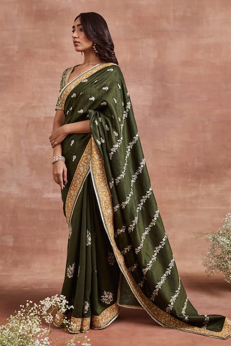 Sue Mue Green Silk, Brocade, Handloom Cotton Sequins, Chhaya Aari Saree With Blouse Online at Aza Fashions Sue Mue_Green Silk, Brocade, Handloom Cotton Sequins, Chhaya Aari Saree With Blouse _Online_at_Aza_Fashions