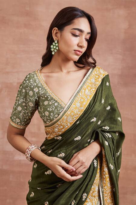 Shop Sue Mue Green Silk, Brocade, Handloom Cotton Sequins, Chhaya Aari Saree With Blouse Online at Aza Fashions Shop_Sue Mue_Green Silk, Brocade, Handloom Cotton Sequins, Chhaya Aari Saree With Blouse _Online_at_Aza_Fashions