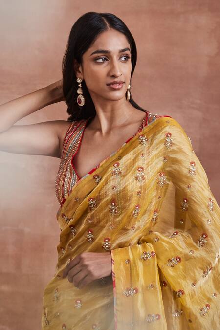 Sue Mue_Yellow Silk, Cotton Sequins, Indira Floral Stripe Embroidered Saree With Blouse _Online_at_Aza_Fashions
