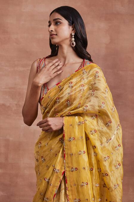 Buy_Sue Mue_Yellow Silk, Cotton Sequins, Indira Floral Stripe Embroidered Saree With Blouse _Online_at_Aza_Fashions