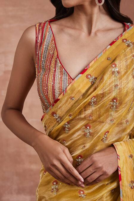 Shop_Sue Mue_Yellow Silk, Cotton Sequins, Indira Floral Stripe Embroidered Saree With Blouse _Online_at_Aza_Fashions