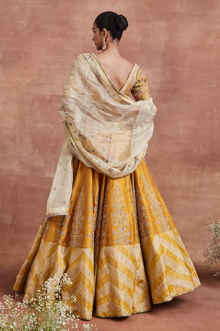 Shop_Sue Mue_Yellow Silk, Tissue Pearls, Sequins, Devika Chevron Pattern Lehenga Set _at_Aza_Fashions