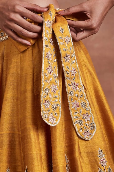 Sue Mue_Yellow Silk, Tissue Pearls, Sequins, Devika Chevron Pattern Lehenga Set _Online_at_Aza_Fashions
