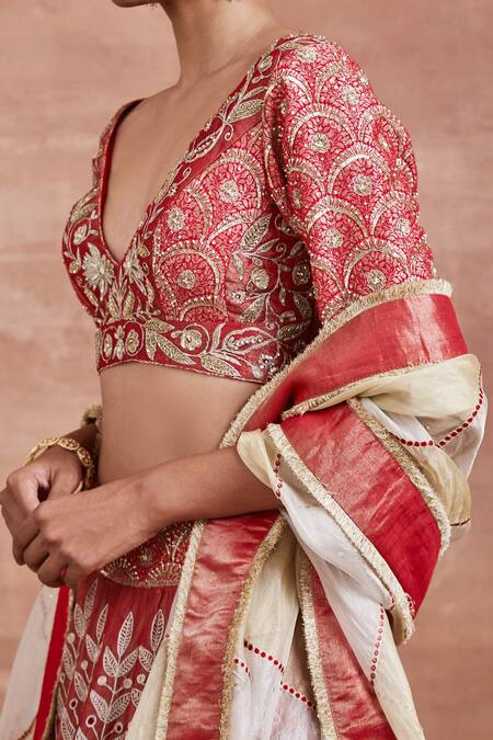 Sue Mue_Red Tissue, Silk, Brocade Embroidery, Fringe Aaloka Floral Woven Lehenga Set _Online_at_Aza_Fashions