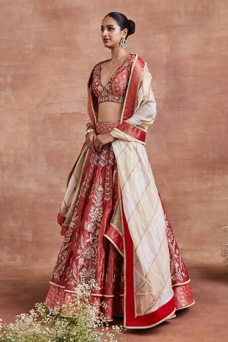 Buy_Sue Mue_Red Tissue, Silk, Brocade Embroidery, Fringe Aaloka Floral Woven Lehenga Set _Online_at_Aza_Fashions