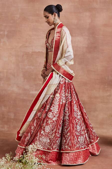 Shop_Sue Mue_Red Tissue, Silk, Brocade Embroidery, Fringe Aaloka Floral Woven Lehenga Set _Online_at_Aza_Fashions