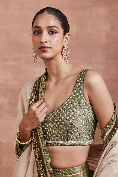 Sue Mue Green Tissue, Silk, Brocade Pearls, Dharini Embroidered Bridal Lehenga Set Online at Aza Fashions Sue Mue_Green Tissue, Silk, Brocade Pearls, Dharini Embroidered Bridal Lehenga Set _Online_at_Aza_Fashions