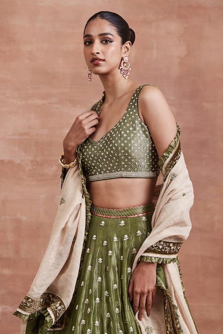 Buy Sue Mue Green Tissue, Silk, Brocade Pearls, Dharini Embroidered Bridal Lehenga Set Online at Aza Fashions Buy_Sue Mue_Green Tissue, Silk, Brocade Pearls, Dharini Embroidered Bridal Lehenga Set _Online_at_Aza_Fashions