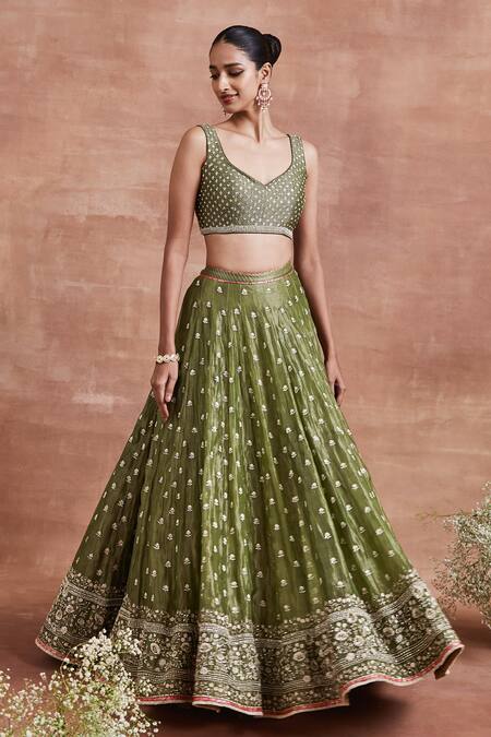 Shop Sue Mue Green Tissue, Silk, Brocade Pearls, Dharini Embroidered Bridal Lehenga Set Online at Aza Fashions Shop_Sue Mue_Green Tissue, Silk, Brocade Pearls, Dharini Embroidered Bridal Lehenga Set _Online_at_Aza_Fashions
