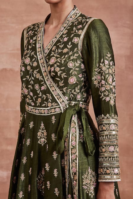 Shop Sue Mue Green Silk, Brocade Embroidery V-neck Vedanti Zardozi Angrakha And Pant Set Online at Aza Fashions Shop_Sue Mue_Green Silk, Brocade Embroidery V-neck Vedanti Zardozi Angrakha And Pant Set _Online_at_Aza_Fashions