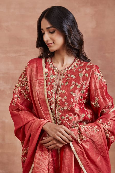 Sue Mue Red Tissue, Silk, Cotton Diamonds, Sequins, Menaha Zardozi Work Kurta Set Online at Aza Fashions Sue Mue_Red Tissue, Silk, Cotton Diamonds, Sequins, Menaha Zardozi Work Kurta Set _Online_at_Aza_Fashions
