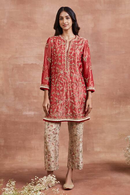 Sue Mue Red Tissue, Silk, Cotton Diamonds, Sequins, Menaha Zardozi Work Kurta Set at Aza Fashions Sue Mue_Red Tissue, Silk, Cotton Diamonds, Sequins, Menaha Zardozi Work Kurta Set _at_Aza_Fashions