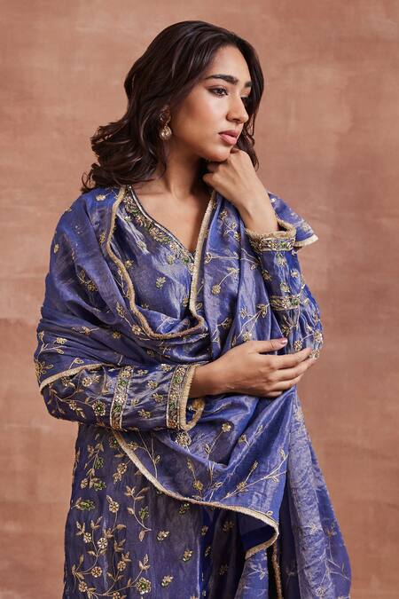 Sue Mue Blue Tissue, Silk, Brocade Embroidery, Zari V-neck Panelled Kurta Set Online at Aza Fashions Sue Mue_Blue Tissue, Silk, Brocade Embroidery, Zari V-neck Panelled Kurta Set _Online_at_Aza_Fashions