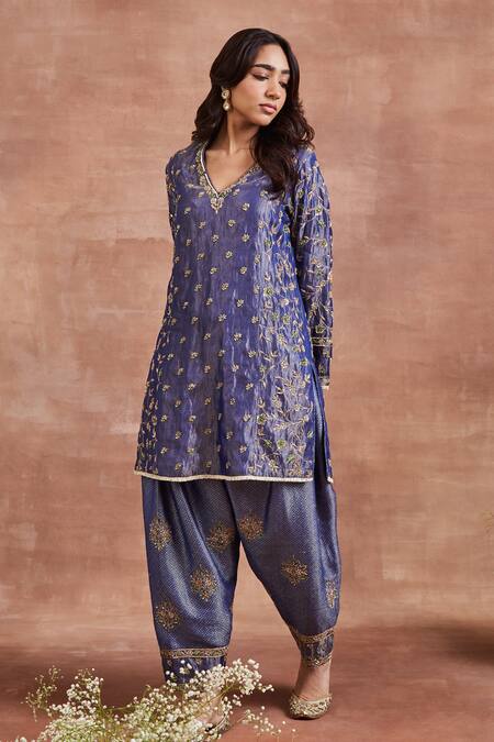 Buy Sue Mue Blue Tissue, Silk, Brocade Embroidery, Zari V-neck Panelled Kurta Set Online at Aza Fashions Buy_Sue Mue_Blue Tissue, Silk, Brocade Embroidery, Zari V-neck Panelled Kurta Set _Online_at_Aza_Fashions