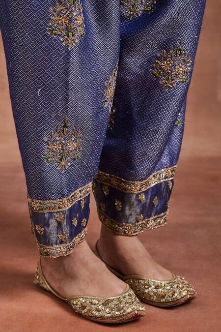 Shop Sue Mue Blue Tissue, Silk, Brocade Embroidery, Zari V-neck Panelled Kurta Set Online at Aza Fashions Shop_Sue Mue_Blue Tissue, Silk, Brocade Embroidery, Zari V-neck Panelled Kurta Set _Online_at_Aza_Fashions