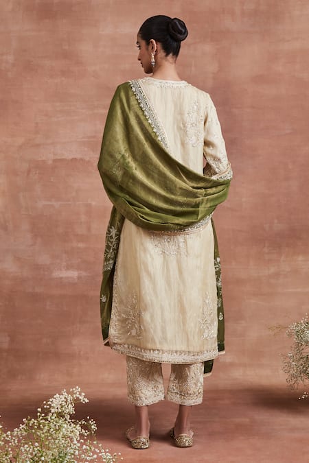 Shop_Sue Mue_Gold Tissue, Cotton Cut Work, Sequins, Pearls, Kaihika Thread Kurta Set _at_Aza_Fashions