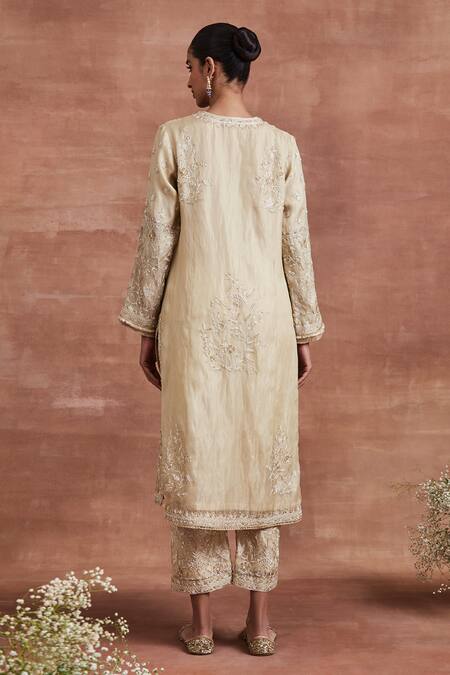Sue Mue_Gold Tissue, Cotton Cut Work, Sequins, Pearls, Kaihika Thread Kurta Set _Online_at_Aza_Fashions