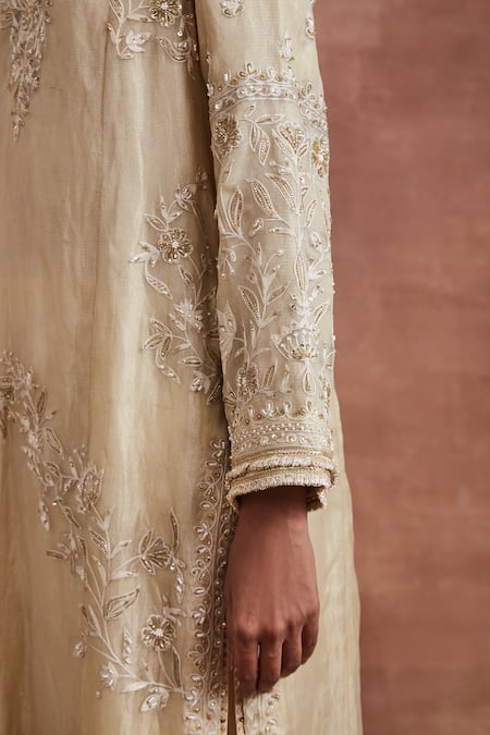 Shop_Sue Mue_Gold Tissue, Cotton Cut Work, Sequins, Pearls, Kaihika Thread Kurta Set _Online_at_Aza_Fashions