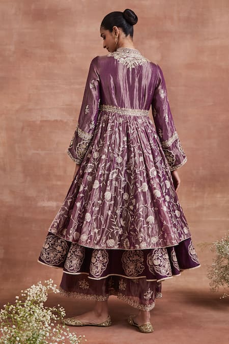 Shop Sue Mue Purple Tissue, Cotton, Silk Embroidery Mandarin Mayra Layered Anarkali Set at Aza Fashions Shop_Sue Mue_Purple Tissue, Cotton, Silk Embroidery Mandarin Mayra Layered Anarkali Set _at_Aza_Fashions