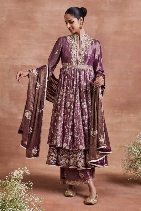 Shop Sue Mue Purple Tissue, Cotton, Silk Embroidery Mandarin Mayra Layered Anarkali Set Online at Aza Fashions Shop_Sue Mue_Purple Tissue, Cotton, Silk Embroidery Mandarin Mayra Layered Anarkali Set _Online_at_Aza_Fashions