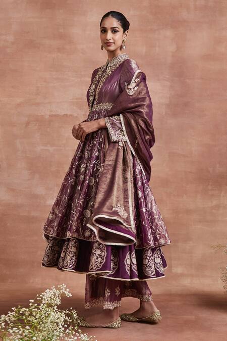 Sue Mue Purple Tissue, Cotton, Silk Embroidery Mandarin Mayra Layered Anarkali Set at Aza Fashions Sue Mue_Purple Tissue, Cotton, Silk Embroidery Mandarin Mayra Layered Anarkali Set _at_Aza_Fashions