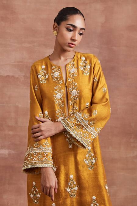 Buy Sue Mue Yellow Cotton, Silk Embroidery Split V-neck Adah Thread Work Kurta Palazzo Set Online at Aza Fashions Buy_Sue Mue_Yellow Cotton, Silk Embroidery Split V-neck Adah Thread Work Kurta Palazzo Set _Online_at_Aza_Fashions