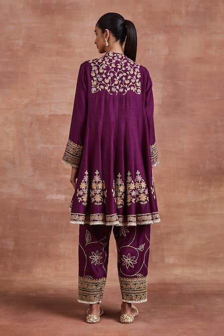 Shop_Sue Mue_Purple Cotton, Silk, Tussar Embroidery V-neck Aarya Dori Anarkali Set _at_Aza_Fashions