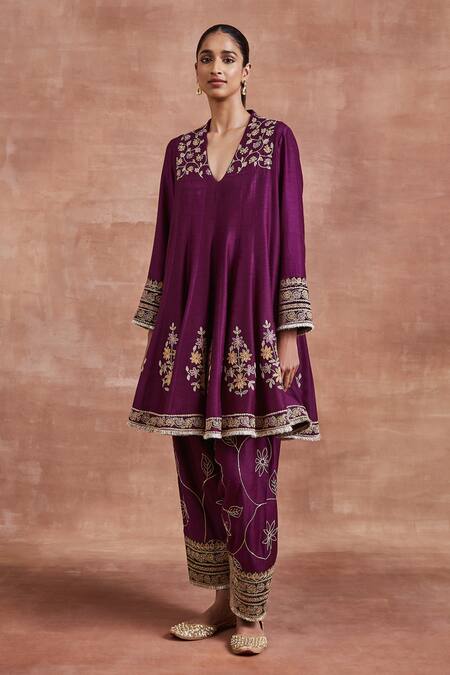 Sue Mue_Purple Cotton, Silk, Tussar Embroidery V-neck Aarya Dori Anarkali Set _Online_at_Aza_Fashions