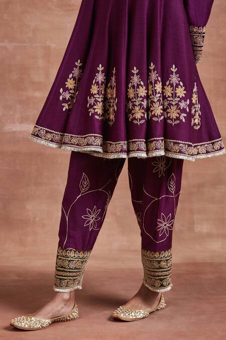 Shop_Sue Mue_Purple Cotton, Silk, Tussar Embroidery V-neck Aarya Dori Anarkali Set _Online_at_Aza_Fashions