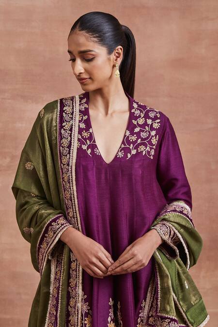 Sue Mue_Purple Cotton, Silk, Tussar Embroidery V-neck Aarya Dori Anarkali Set _at_Aza_Fashions