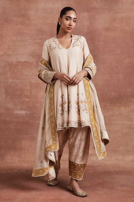 Sue Mue Beige Handwoven Moonga Tussar Embroidery Gitashri Dori Work Anarkali Salwar Set 