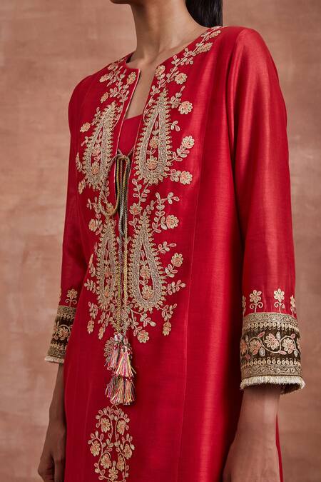 Buy_Sue Mue_Red Handloom Cotton, , Chanderi Charu Dori Work Kurta Pant Set _Online_at_Aza_Fashions