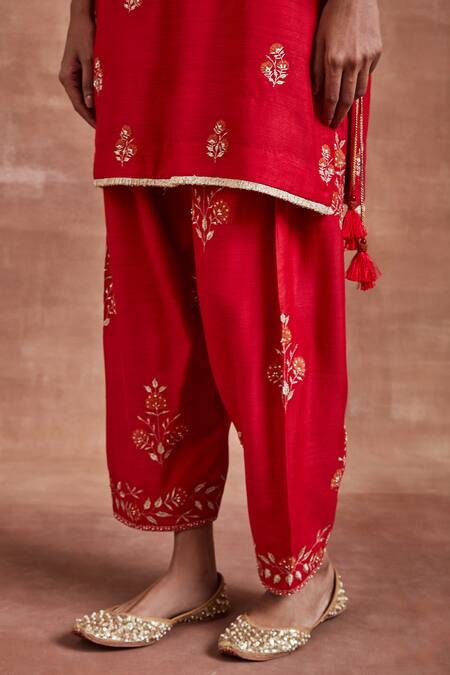 Sue Mue Red Mohair, Silk Embroidery Keyhole Aarti Floral Patchwork Kurta And Salwar Set Online at Aza Fashions Sue Mue_Red Mohair, Silk Embroidery Keyhole Aarti Floral Patchwork Kurta And Salwar Set _Online_at_Aza_Fashions