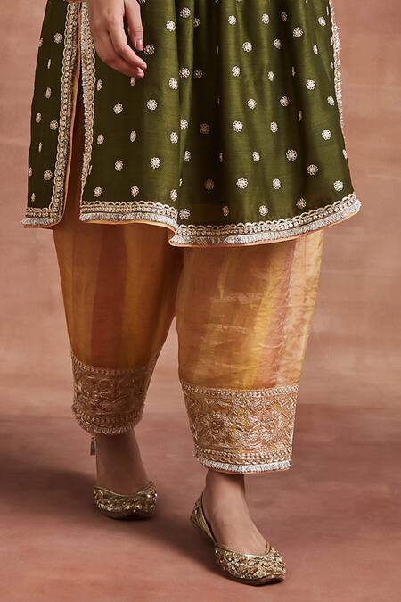 Shop_Sue Mue_Green Silk, Handloom , Lace, Mahin Dori Gathered Kurta Set _Online_at_Aza_Fashions