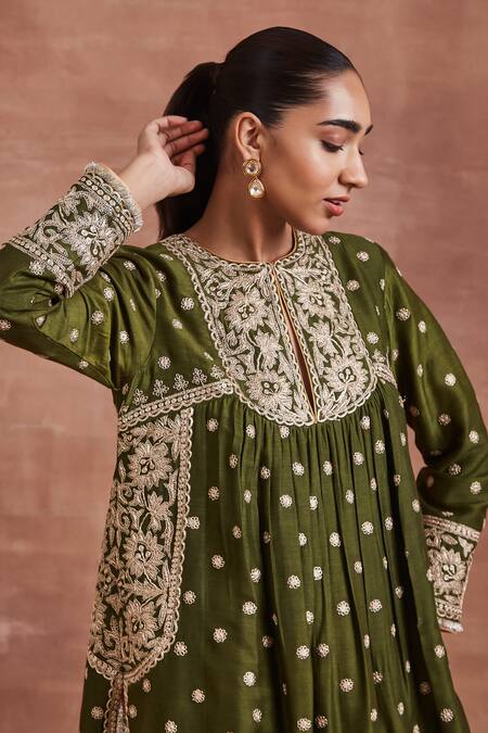 Sue Mue_Green Silk, Handloom , Lace, Mahin Dori Gathered Kurta Set _at_Aza_Fashions