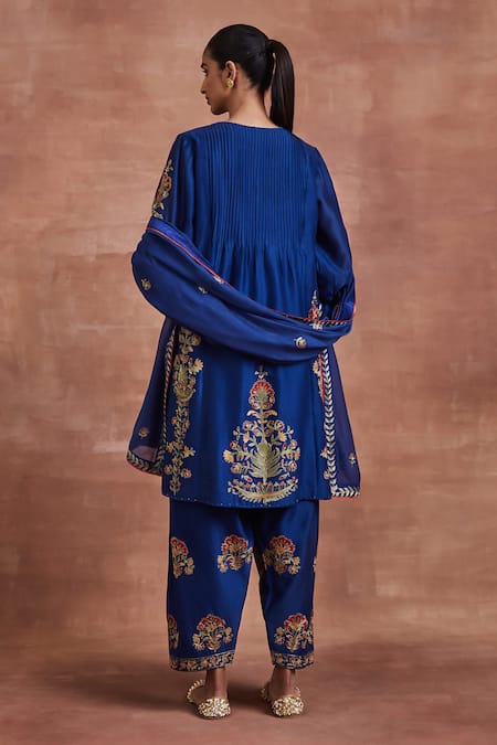 Shop Sue Mue Blue Chanderi Silk, Cotton, Chanderi, Muslin Malay Thread Pintucked Kurta Set at Aza Fashions Shop_Sue Mue_Blue Chanderi Silk, Cotton, Chanderi, Muslin Malay Thread Pintucked Kurta Set _at_Aza_Fashions