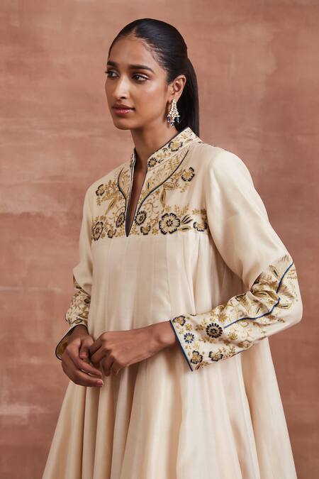 Sue Mue Beige Handloom Cotton, Silk, Chanderi Silk, Rijul Yoke Anarkali And Pant Set Online at Aza Fashions Sue Mue_Beige Handloom Cotton, Silk, Chanderi Silk, Rijul Yoke Anarkali And Pant Set _Online_at_Aza_Fashions