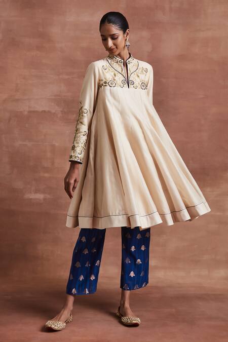 Shop Sue Mue Beige Handloom Cotton, Silk, Chanderi Silk, Rijul Yoke Anarkali And Pant Set Online at Aza Fashions Shop_Sue Mue_Beige Handloom Cotton, Silk, Chanderi Silk, Rijul Yoke Anarkali And Pant Set _Online_at_Aza_Fashions