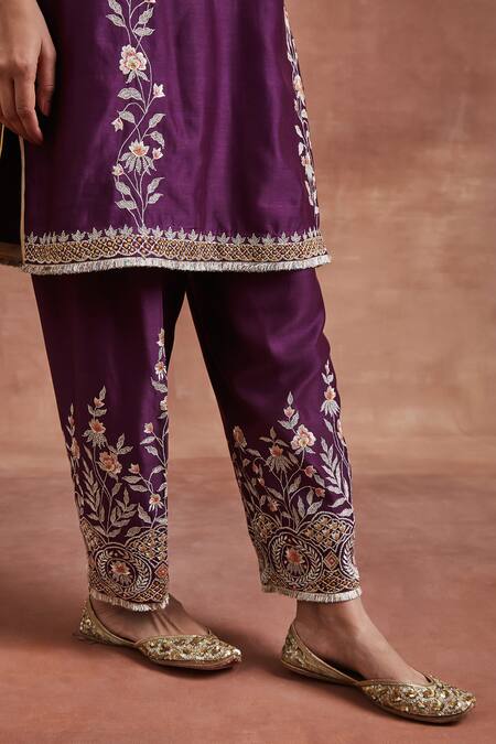 Sue Mue_Purple Handloom Cotton, Chanderi Silk Embroidery, Ritul And Thread Kurta Set _Online_at_Aza_Fashions