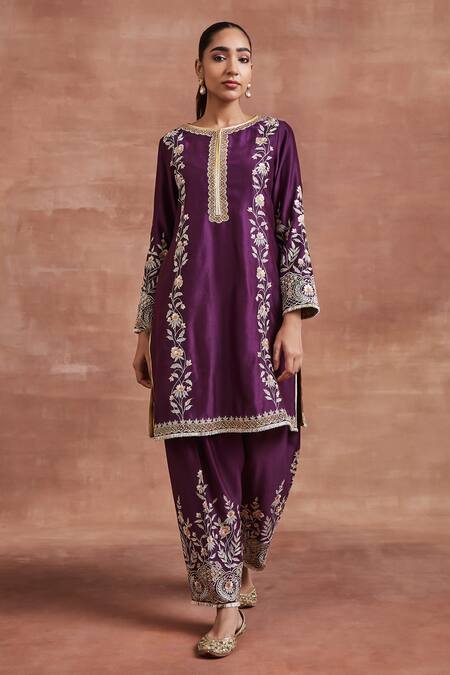 Shop_Sue Mue_Purple Handloom Cotton, Chanderi Silk Embroidery, Ritul And Thread Kurta Set _Online_at_Aza_Fashions