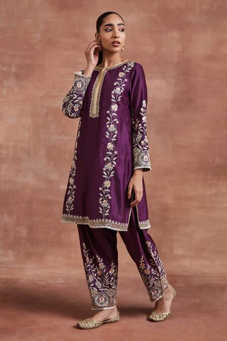 Sue Mue_Purple Handloom Cotton, Chanderi Silk Embroidery, Ritul And Thread Kurta Set _at_Aza_Fashions