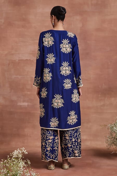 Shop Sue Mue Blue Handloom Cotton, Cotton, Silk Lace, Zari, Mishika Kurta Palazzo Set at Aza Fashions Shop_Sue Mue_Blue Handloom Cotton, Cotton, Silk Lace, Zari, Mishika Kurta Palazzo Set _at_Aza_Fashions