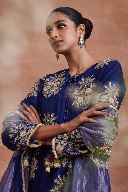 Sue Mue Blue Handloom Cotton, Cotton, Silk Lace, Zari, Mishika Kurta Palazzo Set Online at Aza Fashions Sue Mue_Blue Handloom Cotton, Cotton, Silk Lace, Zari, Mishika Kurta Palazzo Set _Online_at_Aza_Fashions