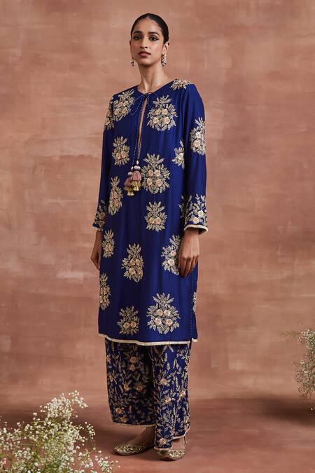 Buy Sue Mue Blue Handloom Cotton, Cotton, Silk Lace, Zari, Mishika Kurta Palazzo Set Online at Aza Fashions Buy_Sue Mue_Blue Handloom Cotton, Cotton, Silk Lace, Zari, Mishika Kurta Palazzo Set _Online_at_Aza_Fashions
